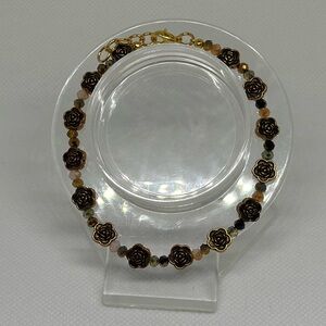 Handmade Gold Wire Bracelet with Rose and Gemstone Beads
